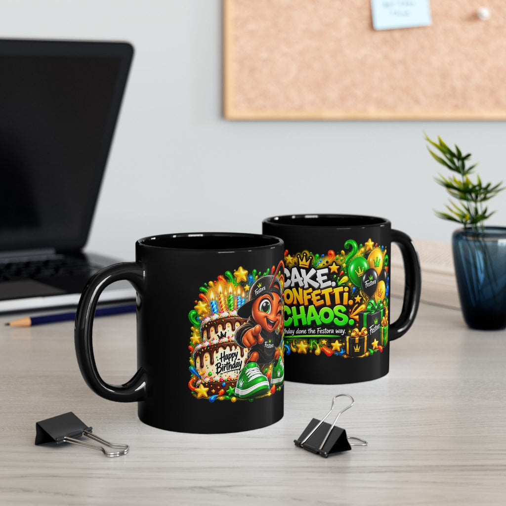 Cake Confetti Chaos Black Mug – Festora Ant Birthday Coffee Cup