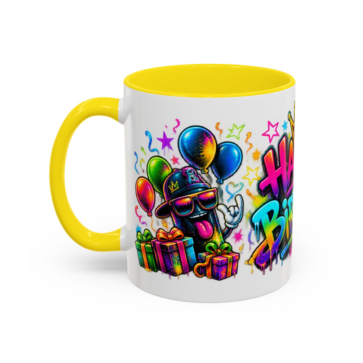 Happy Birthday Accent Coffee Mug – Colorful Graffiti Cake & Balloons (11/15oz)