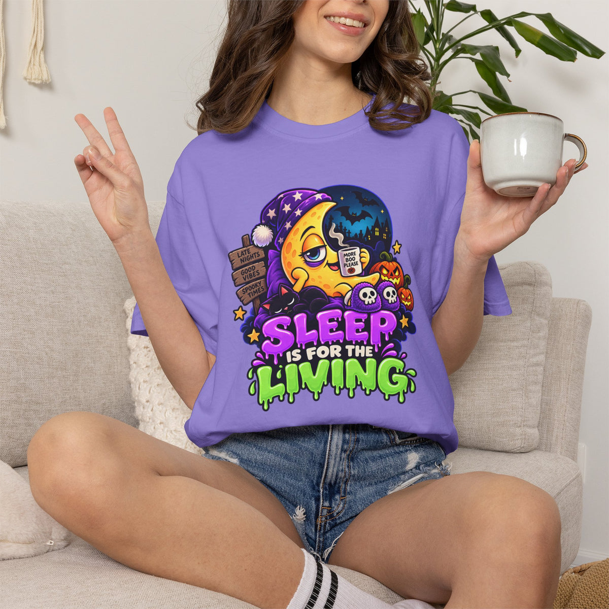 Sleep Is for the Living – Funny Halloween Moon T-Shirt