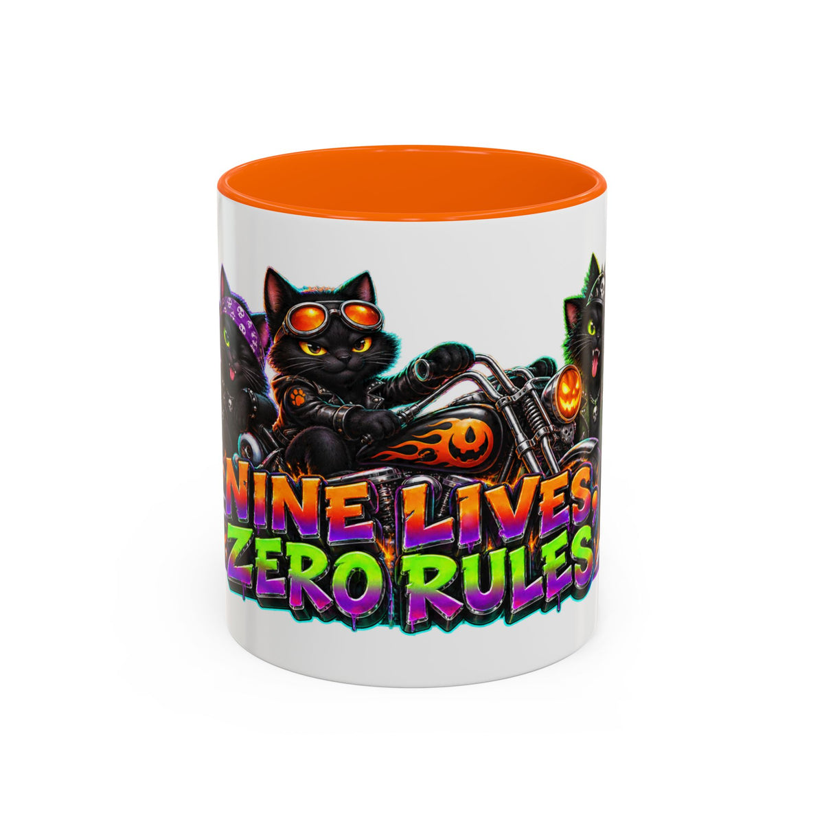 Nine Lives Zero Rules Biker Cats Halloween White Mug