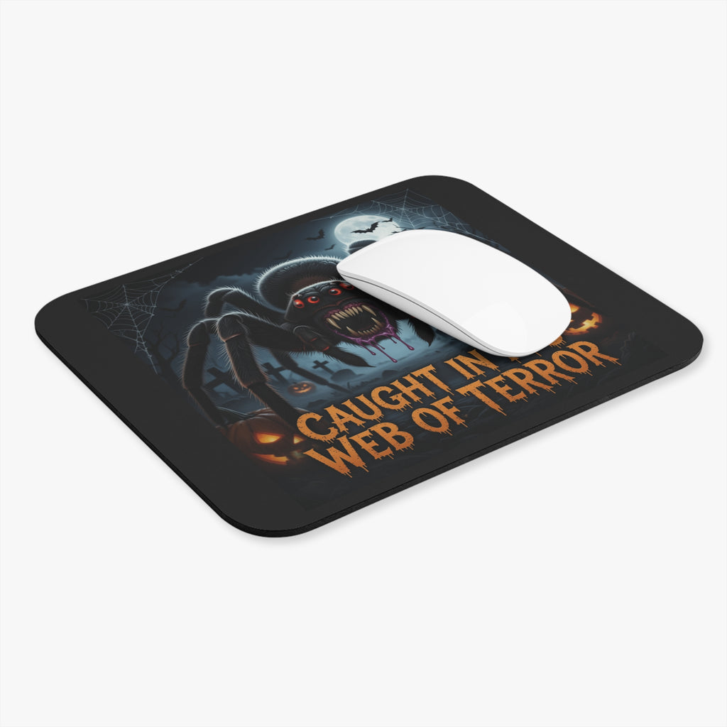 Spider Halloween Mouse Pad — "Caught in M's Web of Terror" Gaming Desk Mat