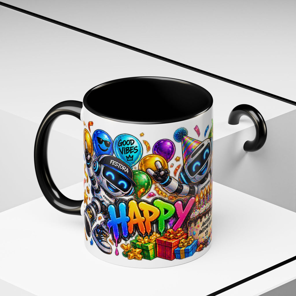 Birthday Robot Coffee Mug — Colorful Happy Birthday Accent Mug (11oz)