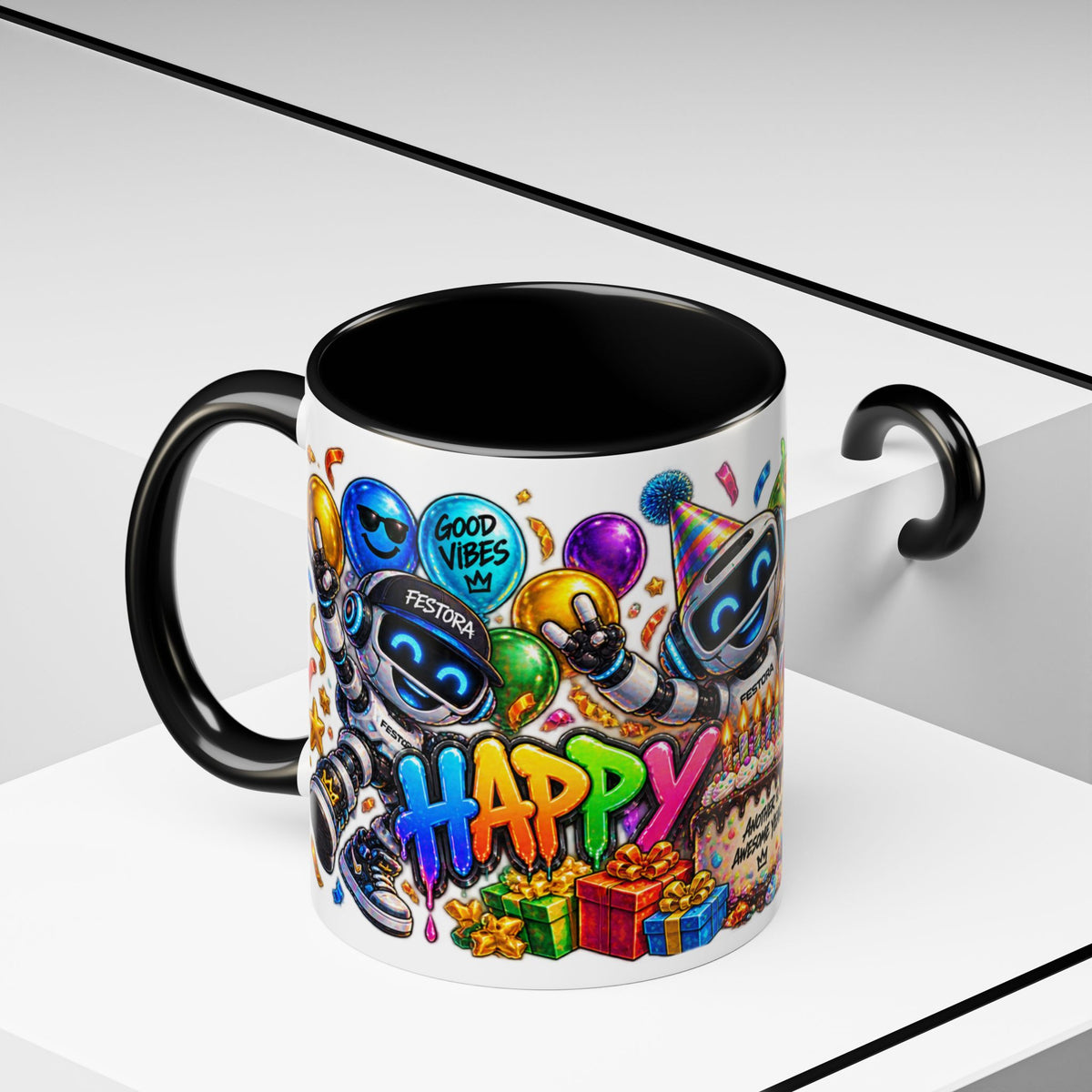 Birthday Robot Coffee Mug — Colorful Happy Birthday Accent Mug (11oz)