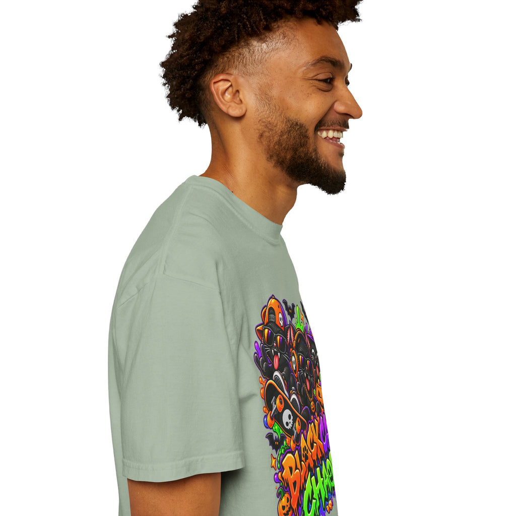 Neon Black Cat Halloween Chaos T-Shirt | Cute Spooky Cat Graphic Tee