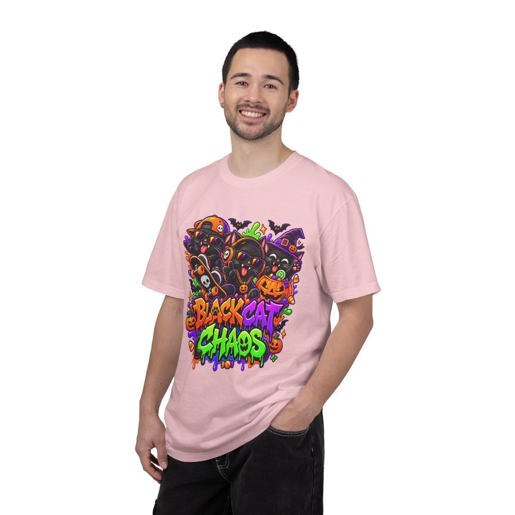 Neon Black Cat Halloween Chaos T-Shirt | Cute Spooky Cat Graphic Tee