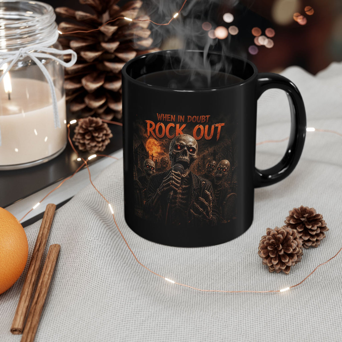 Rock Out Skull Mug — 'When in Doubt Rock Out' Gothic Cemetery Coffee Cup (11oz/15oz)