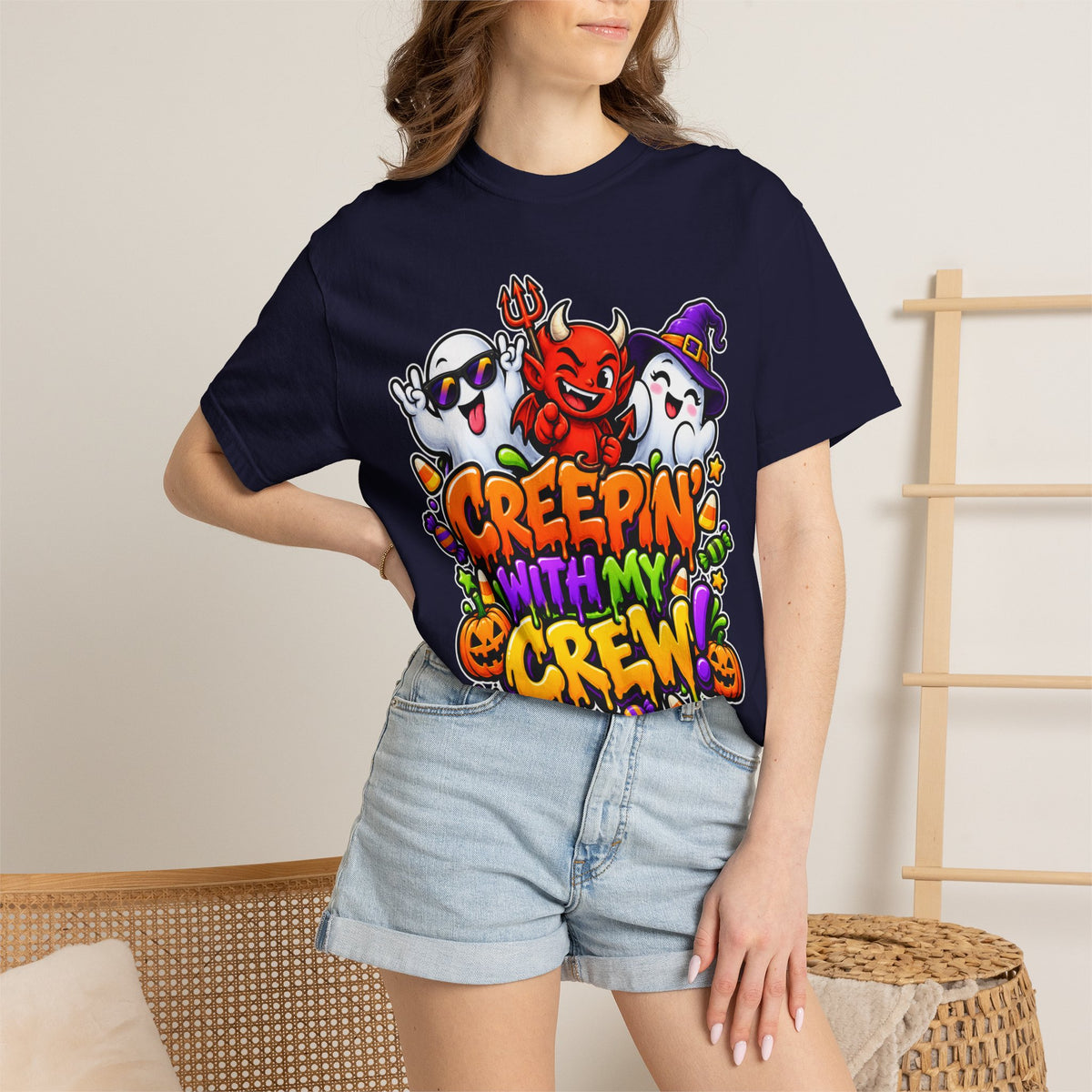 Creepin’ With My Crew Halloween T-Shirt – Colorful Funny Ghost & Devil Graphic Tee