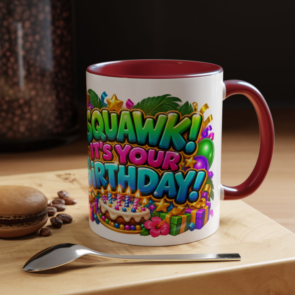 Squawk! It’s Your Birthday White Mug – Cute Parrot Birthday Cup, Colorful Tropical Party Gift