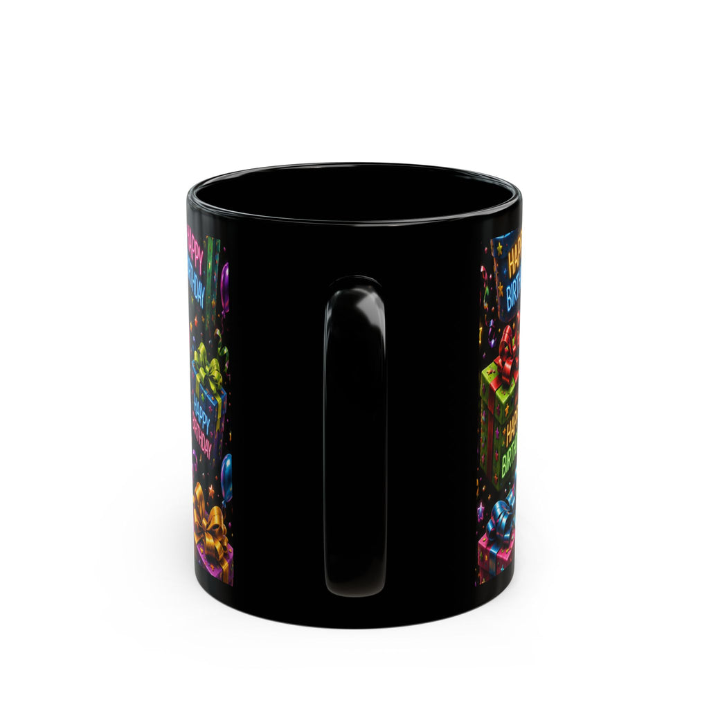 Happy Birthday Gift & Balloons Black Mug — Colorful Celebration Coffee Cup