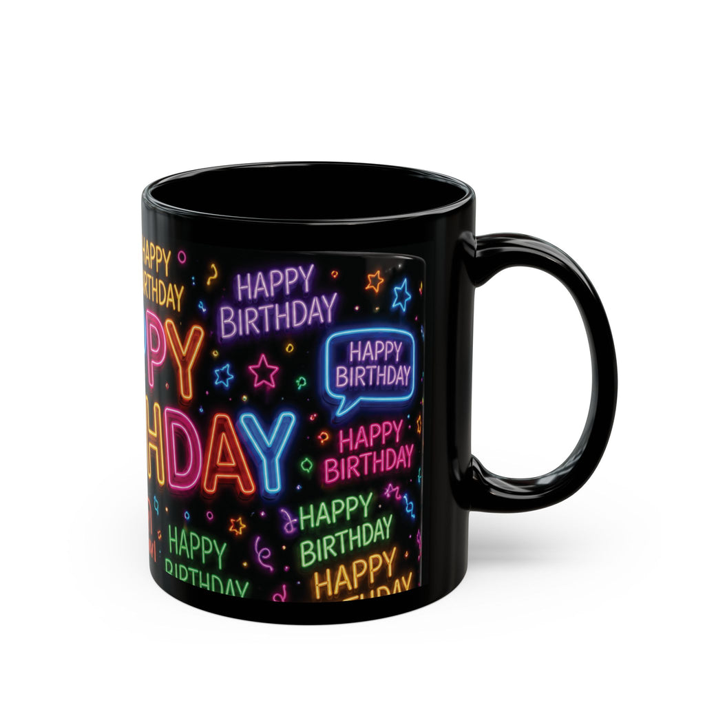 Happy Birthday Neon Typography Mug — Colorful Black Celebration Cup