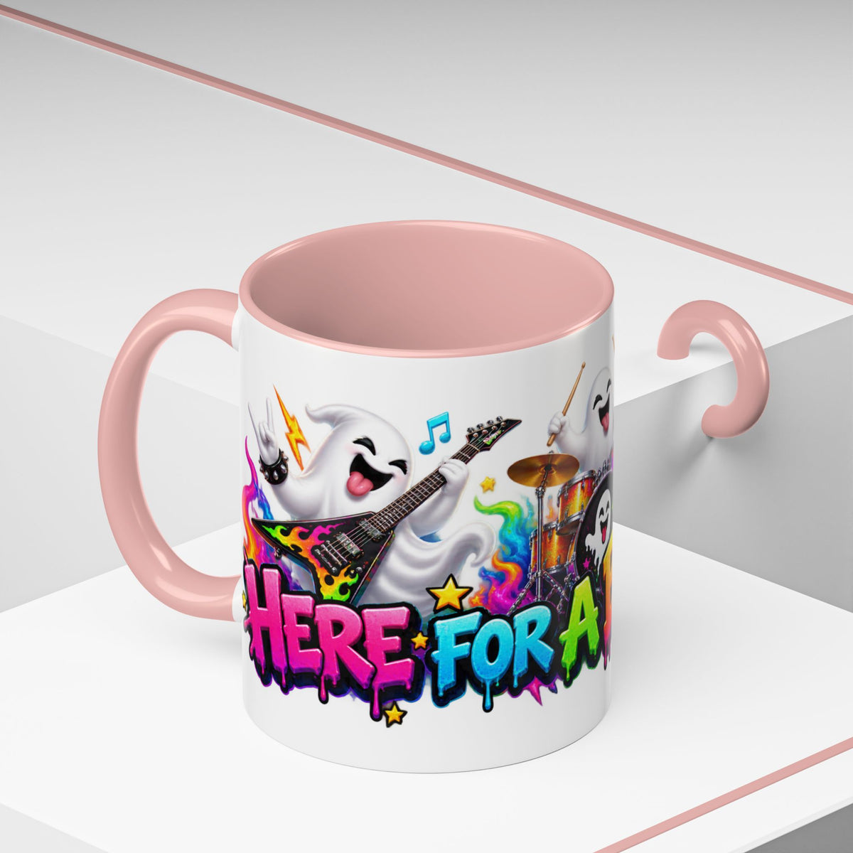 Here for a Boo Time Halloween Ghost Rock Band White Mug
