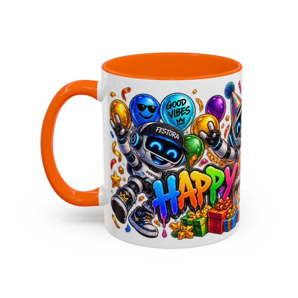Birthday Robot Coffee Mug — Colorful Happy Birthday Accent Mug (11oz)