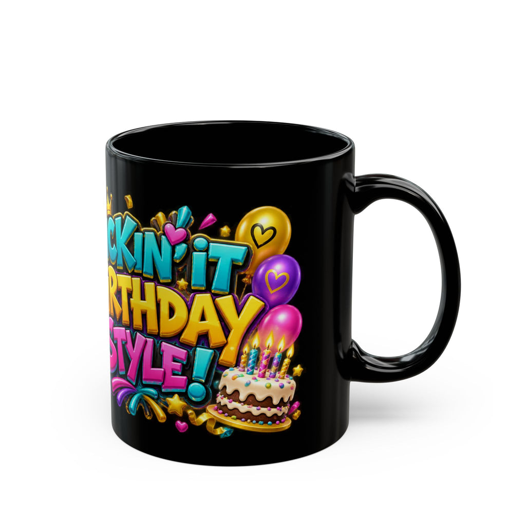 Kickin’ It Birthday Style Donkey Black Mug – Funny Happy Birthday Party Cup, Colorful Festive Gift