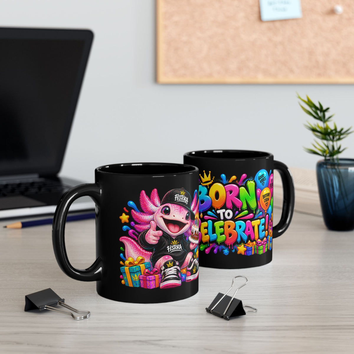 BORN TO CELEBRATE! Black Ceramic Mug – Cute Axolotl Birthday Coffee Cup – Colorful Party Gift – Original FestoraShop Design