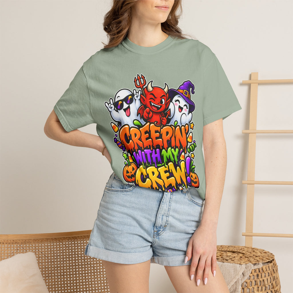 Creepin’ With My Crew Halloween T-Shirt – Colorful Funny Ghost & Devil Graphic Tee