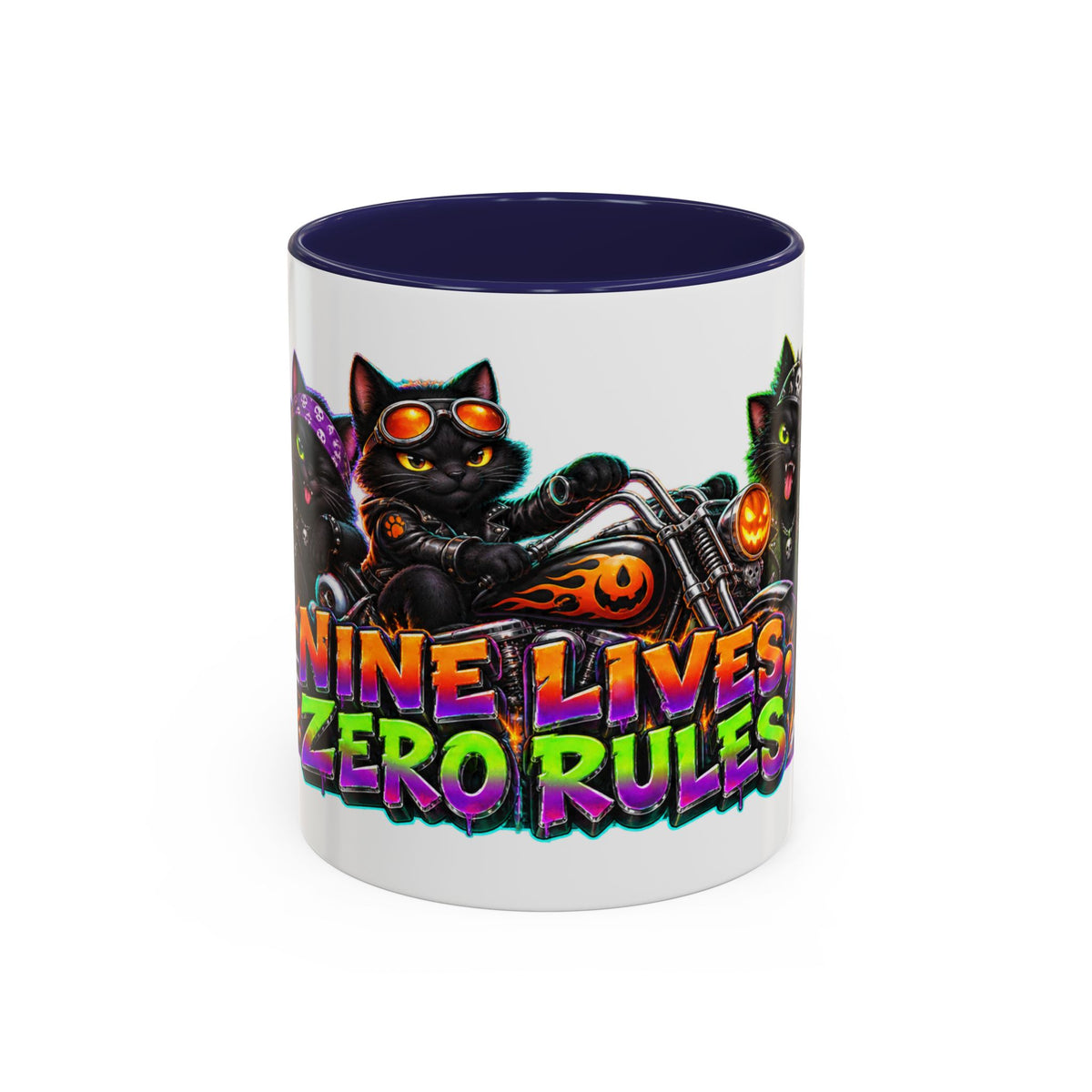 Nine Lives Zero Rules Biker Cats Halloween White Mug