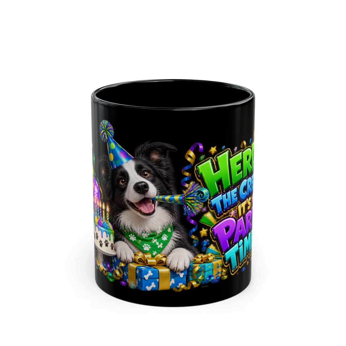 Herd the Crew Border Collie Birthday Black Mug