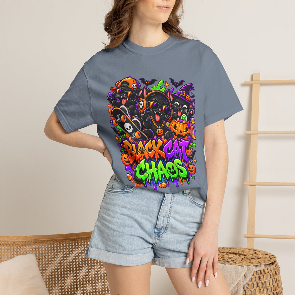 Neon Black Cat Halloween Chaos T-Shirt | Cute Spooky Cat Graphic Tee