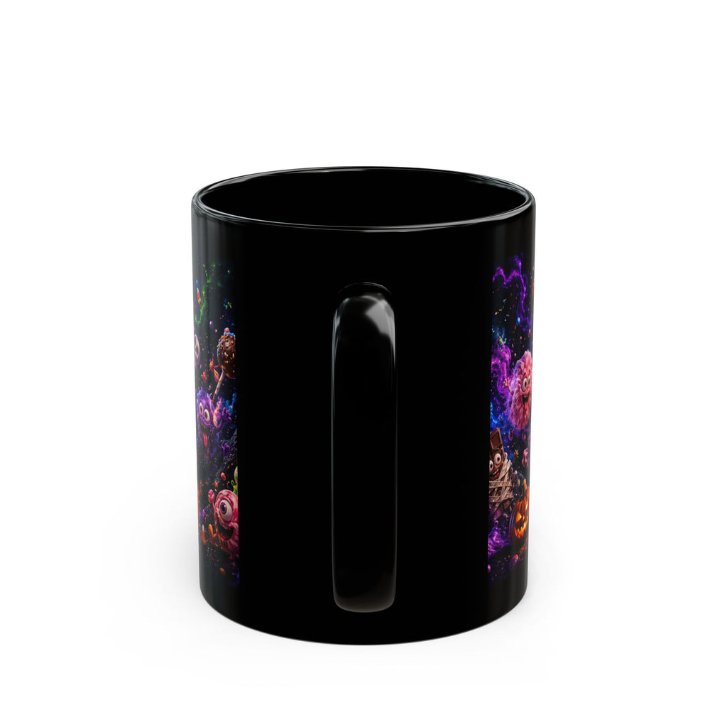 Spooky Candy Monsters Black Mug — Cute Moonlit Halloween Candy Moon Coffee Cup (11oz/15oz)