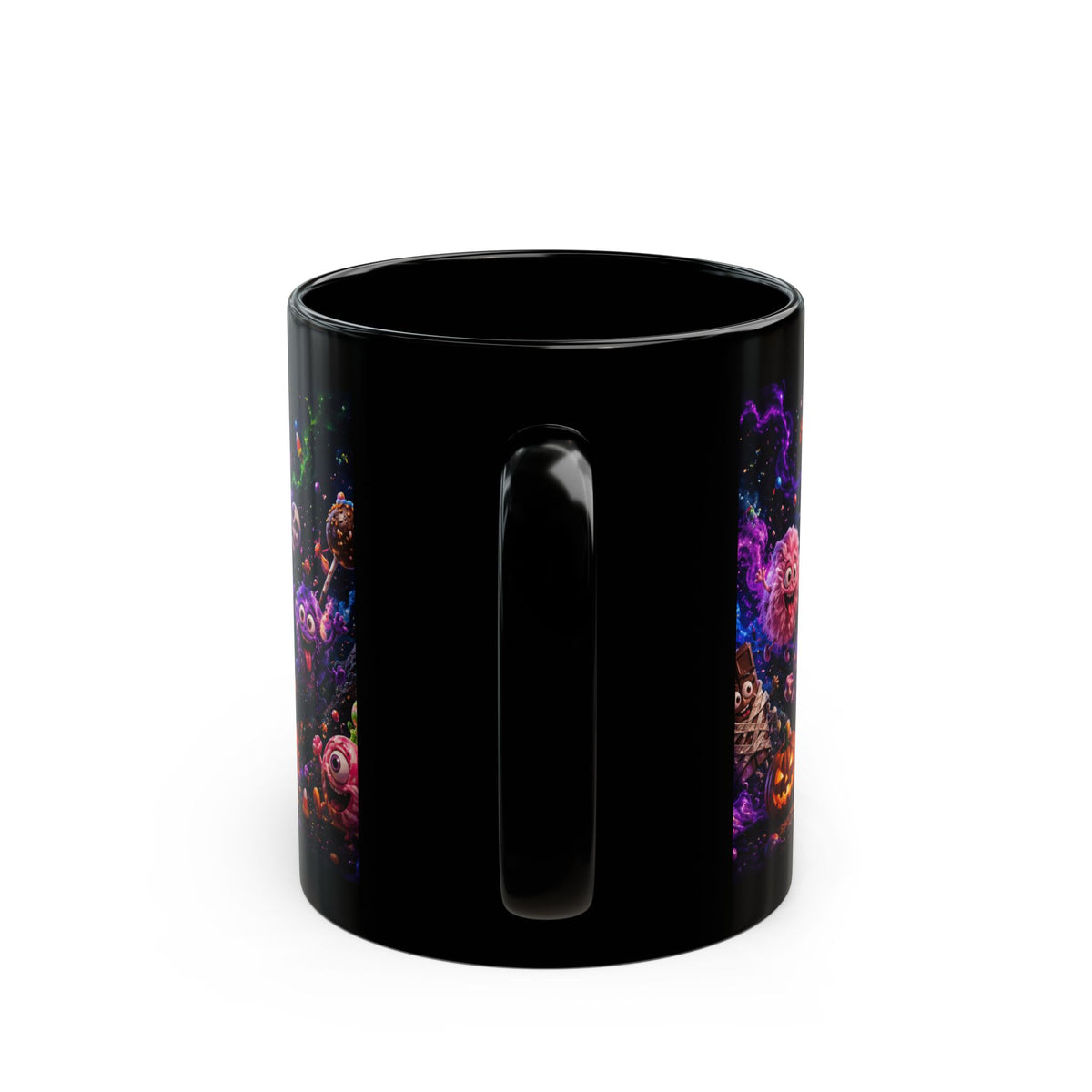 Spooky Candy Monsters Black Mug — Cute Moonlit Halloween Candy Moon Coffee Cup (11oz/15oz)