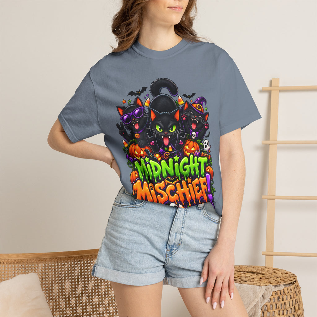 Midnight Mischief Halloween T-Shirt – Funny Black Cat Graphic Tee