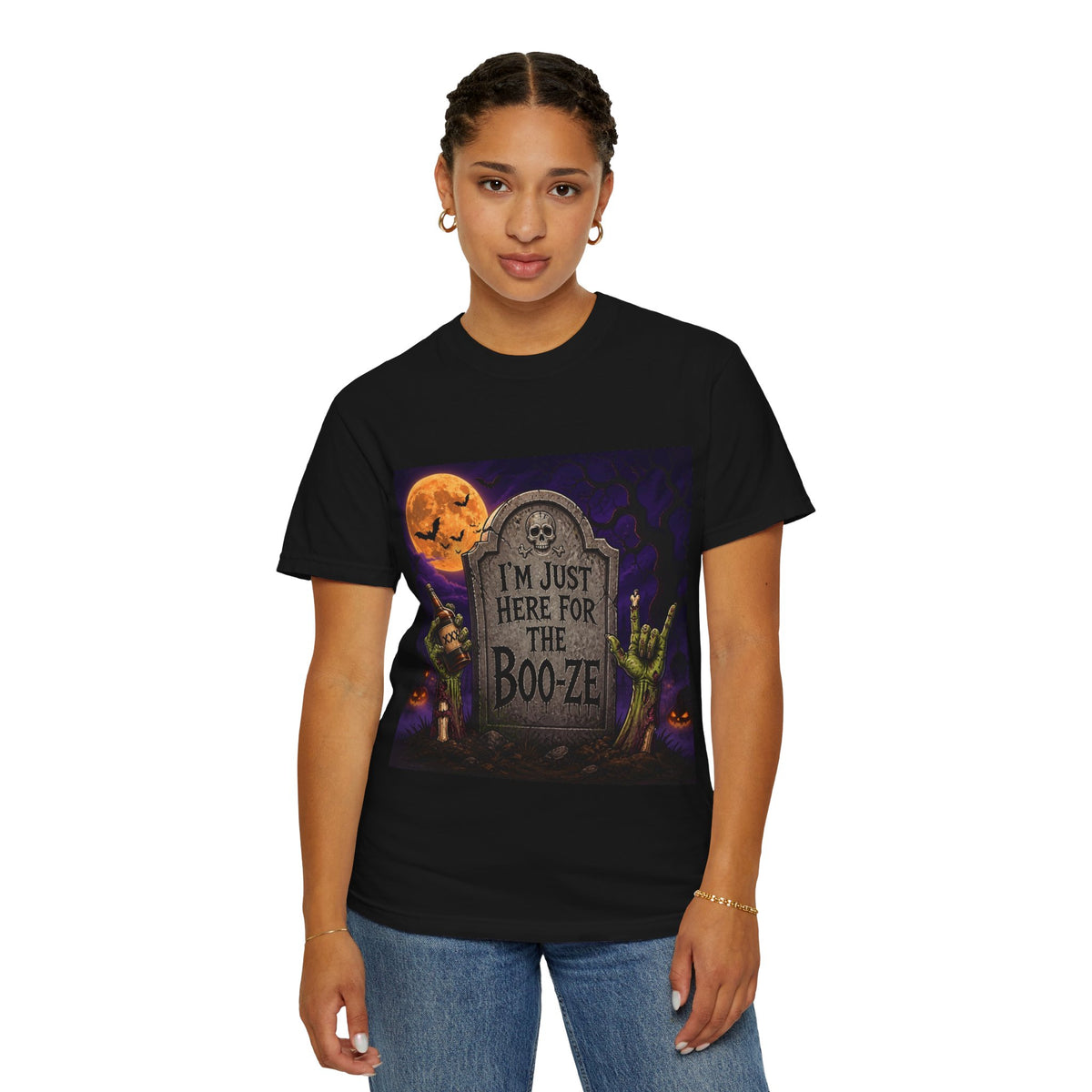 Halloween Tee — "I'm Just Here for the Boo-ze" Tombstone Design