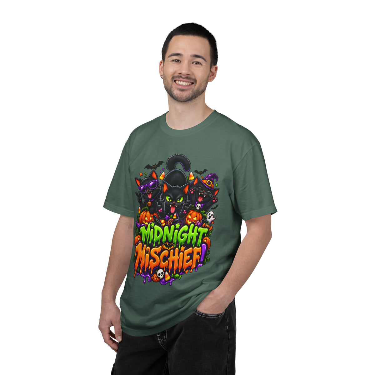 Midnight Mischief Halloween T-Shirt – Funny Black Cat Graphic Tee