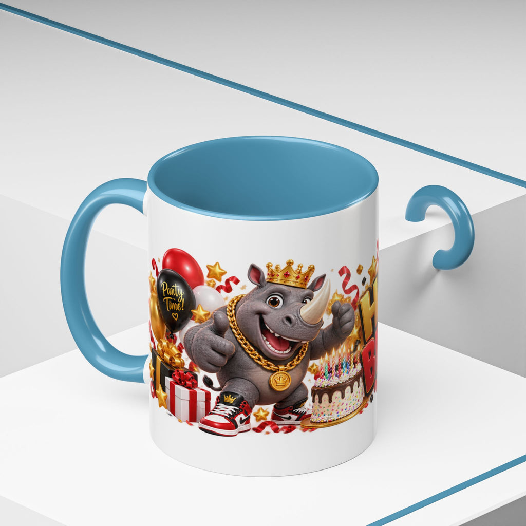 Happy Birthday Rhino Mug – Colorful 3D Birthday Gift – White Coffee Mug