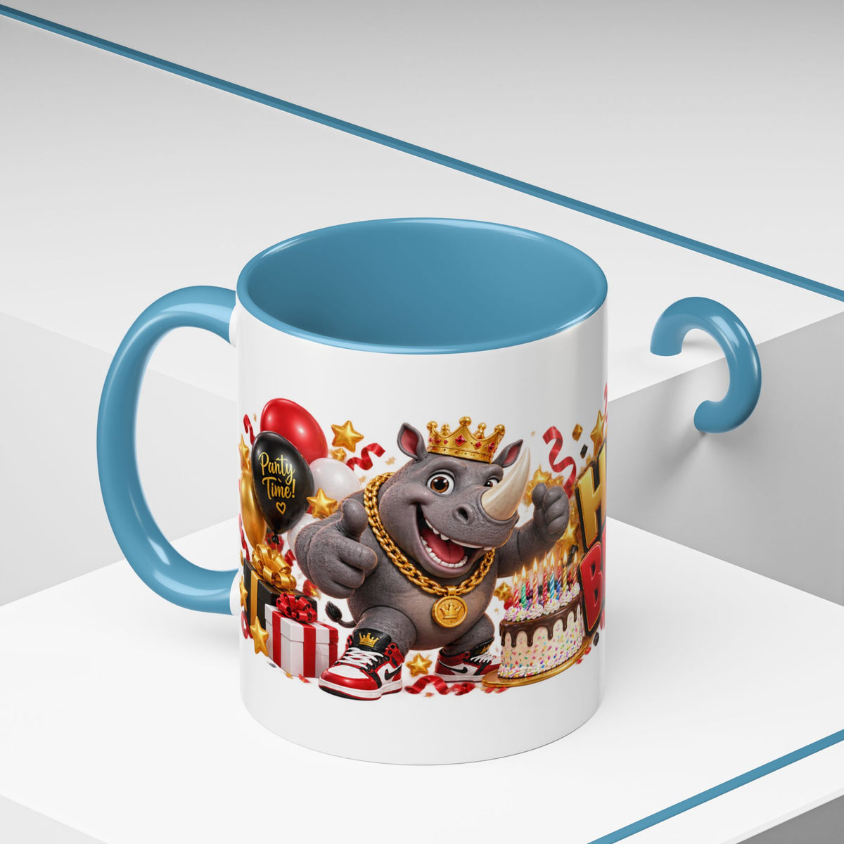 Happy Birthday Rhino Mug – Colorful 3D Birthday Gift – White Coffee Mug