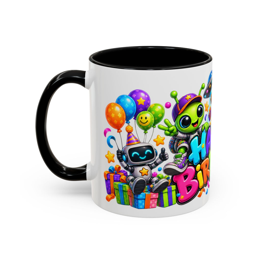 Happy Birthday Space Party Mug – Cute Aliens, Robots, UFO & Colorful 3D Birthday Design