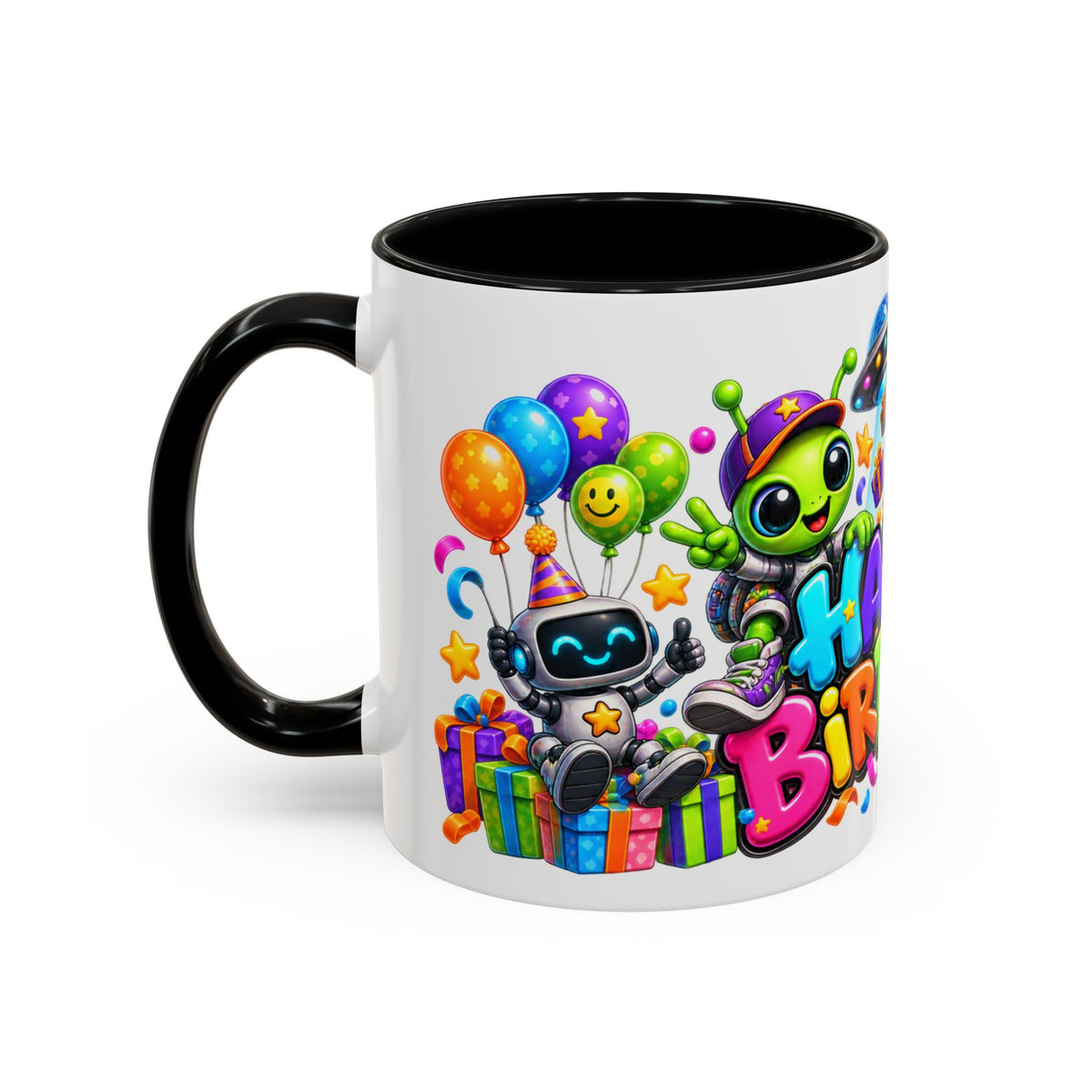Happy Birthday Space Party Mug – Cute Aliens, Robots, UFO & Colorful 3D Birthday Design