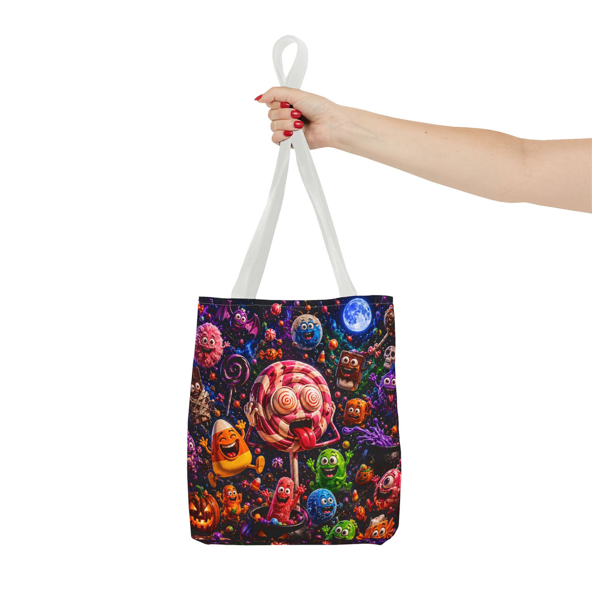 Crazy Halloween Candy Monsters Tote Bag — Colorful 3D Lolipop & Treats Design