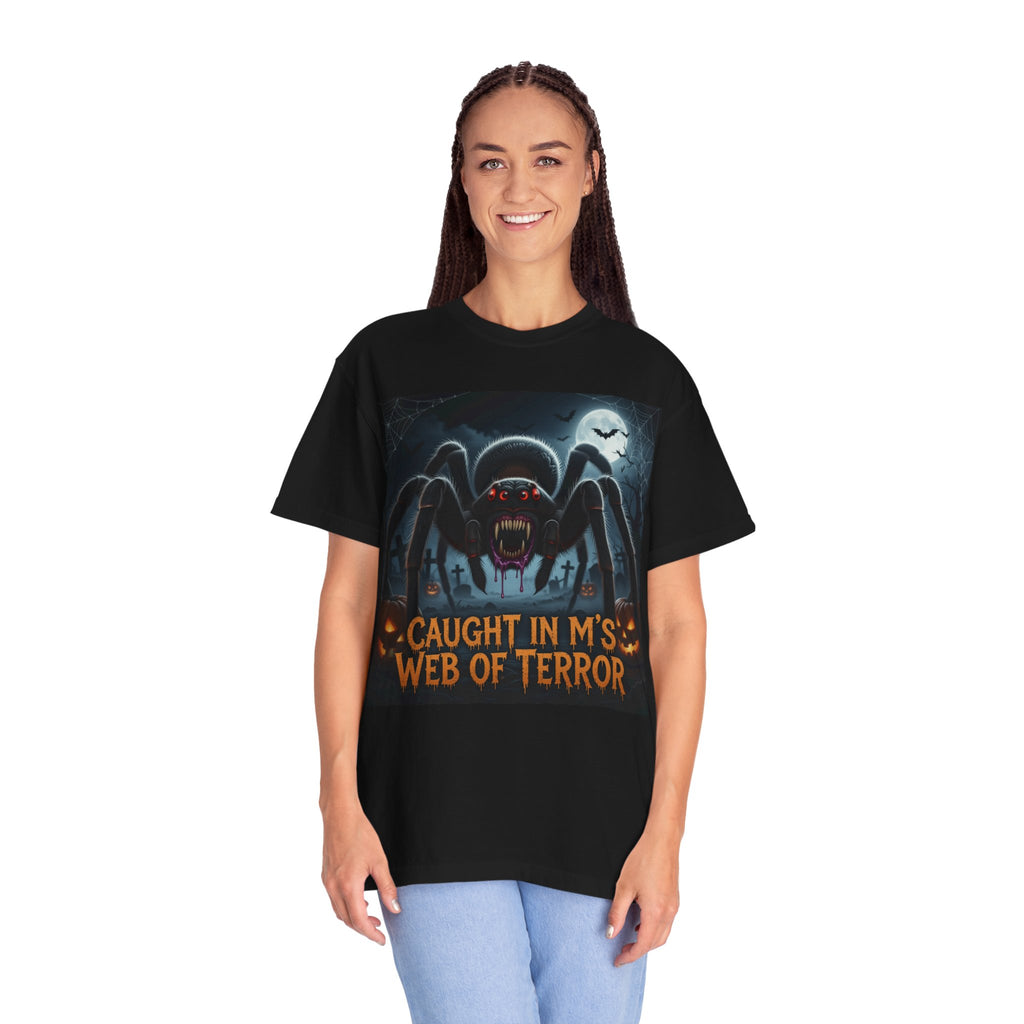 Spider Halloween T-Shirt — "Caught in M's Web of Terror" Horror Graphic Tee