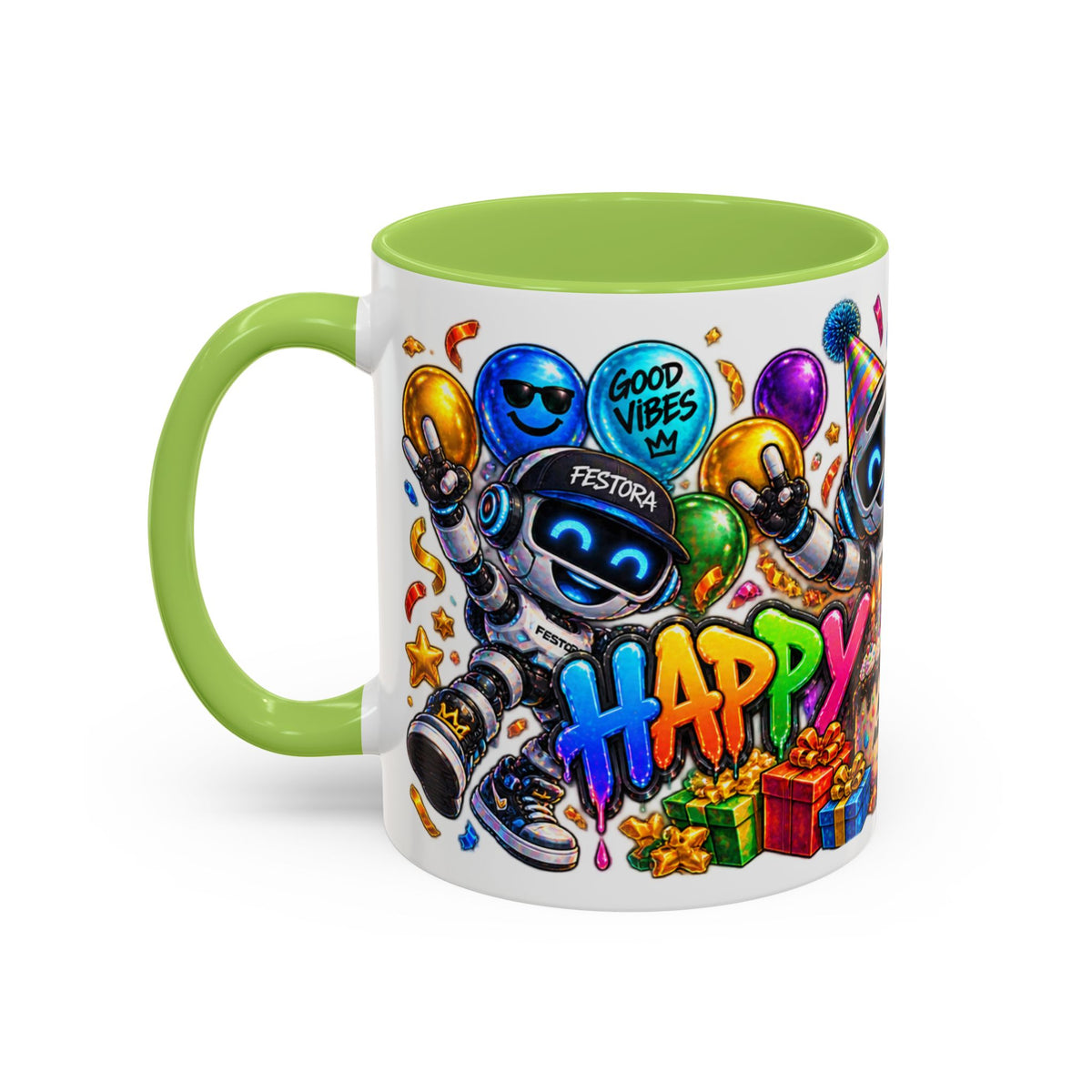 Birthday Robot Coffee Mug — Colorful Happy Birthday Accent Mug (11oz)