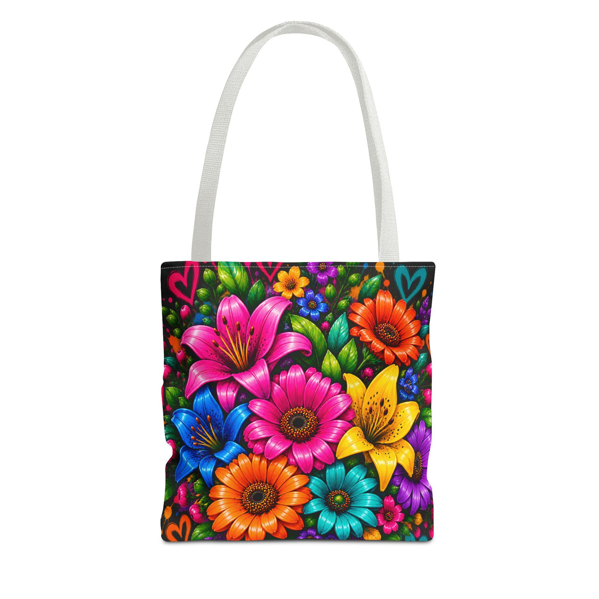 Festora Floral Burst Tote Bag — Colorful Flowers on Black