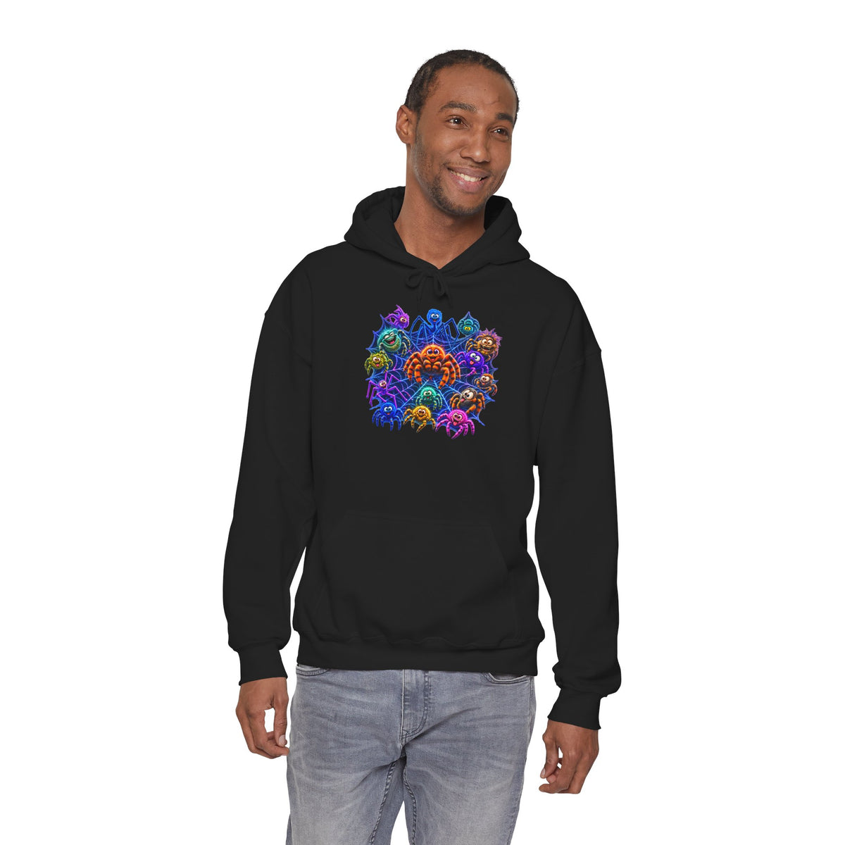 Colorful Spider Squad Black Hoodie - Funny Halloween Graphic Unisex Sweatshirt