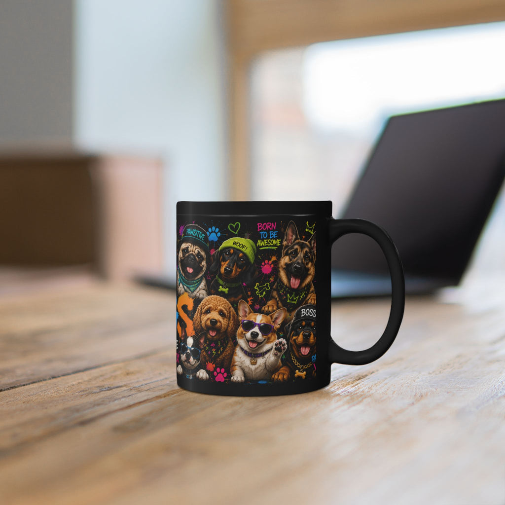Dogs Stay Pawsitive Black Mug — Colorful Cute Dog Breeds Coffee Cup (11oz/15oz)
