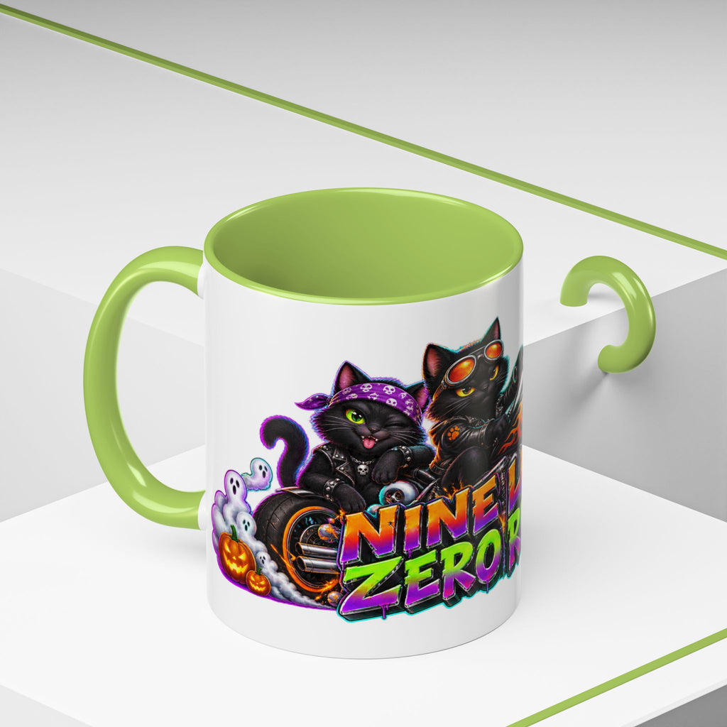 Nine Lives Zero Rules Biker Cats Halloween White Mug