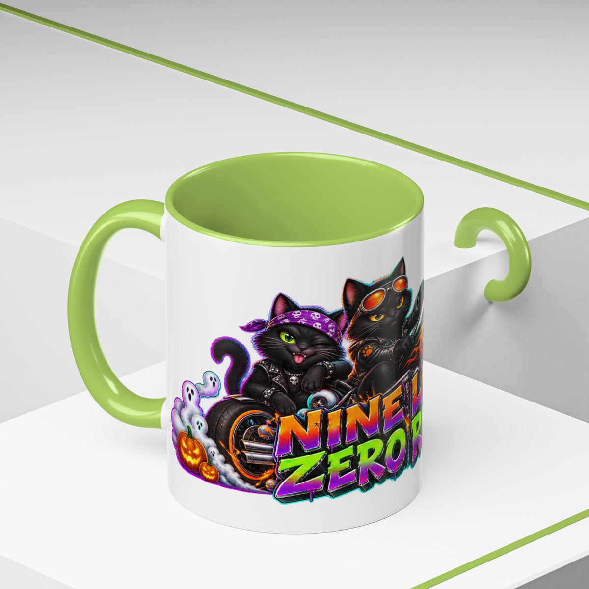 Nine Lives Zero Rules Biker Cats Halloween White Mug