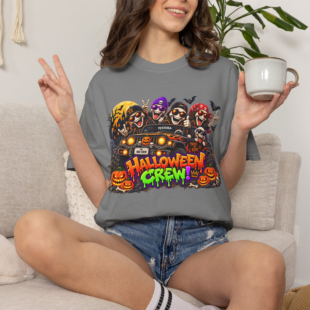 Halloween Crew T-Shirt – Skeleton Jeep Spooky Graphic Tee