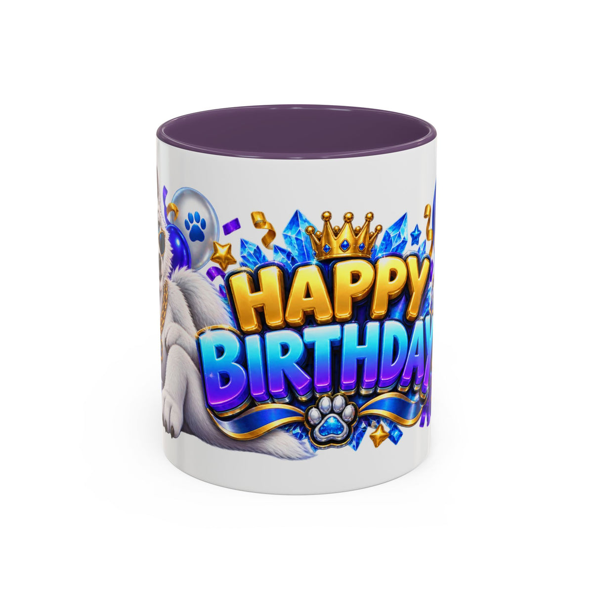 White Wolf Happy Birthday Mug – Blue Purple & Gold Birthday Gift – FestoraShop White Coffee Mug