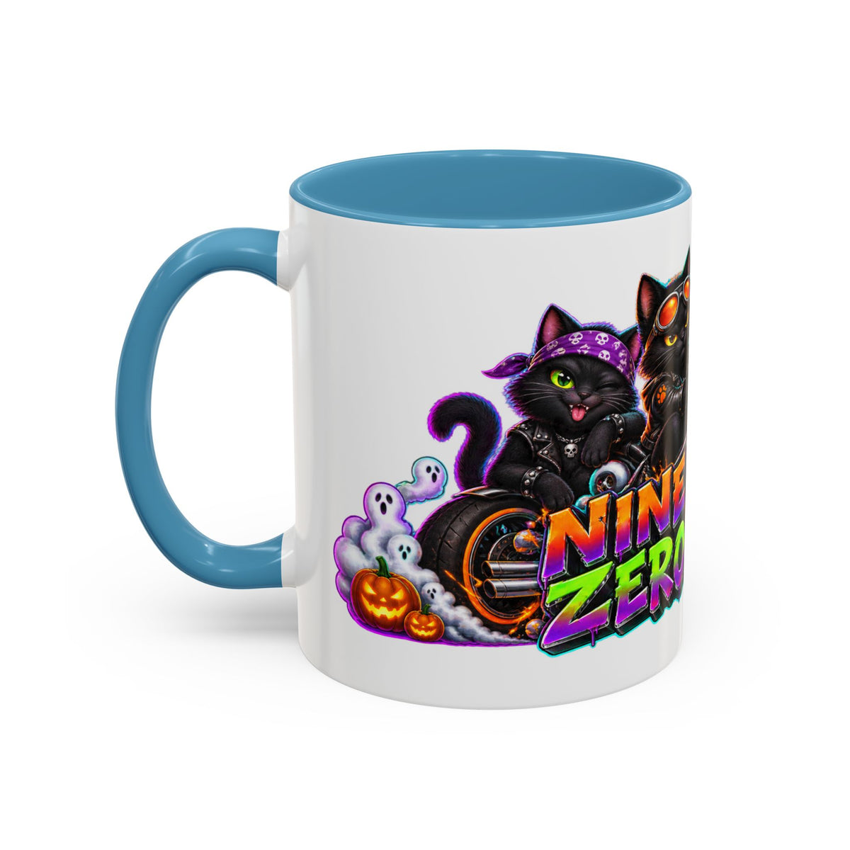 Nine Lives Zero Rules Biker Cats Halloween White Mug