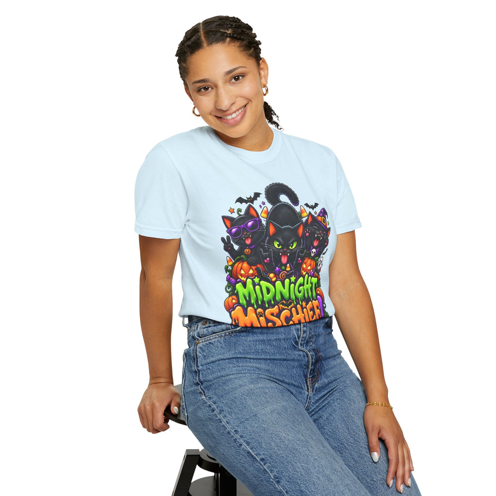 Midnight Mischief Halloween T-Shirt – Funny Black Cat Graphic Tee