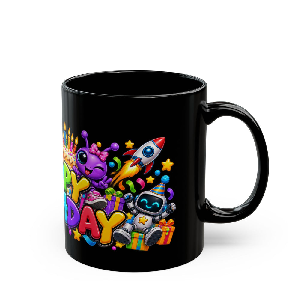 Happy Birthday Space Party Mug – Cute Aliens, Robots, UFO & Colorful 3D Birthday Design