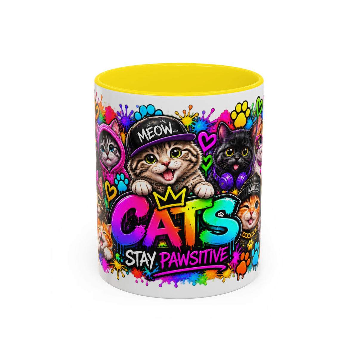 Cats Stay Pawsitive Accent Coffee Mug – Colorful Cute Cat Paw Print Design (11oz)