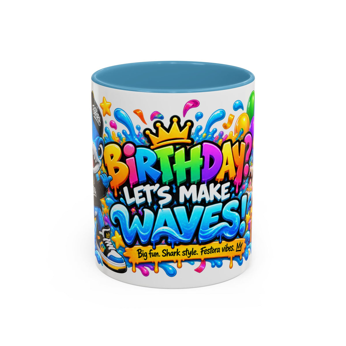 BIRTHDAY? LET’S MAKE WAVES! White Ceramic Mug – Funny Shark Birthday Coffee Cup – Original FestoraShop Design