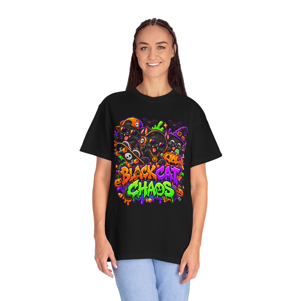 Neon Black Cat Halloween Chaos T-Shirt | Cute Spooky Cat Graphic Tee