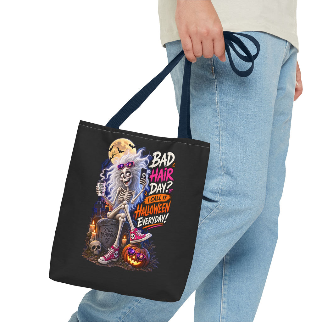 Halloween Skeleton Tote Bag — "Bad Hair Day? I Call It Halloween Everyday" Graphic