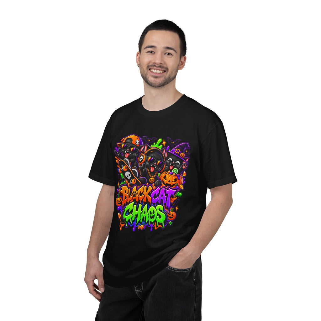 Neon Black Cat Halloween Chaos T-Shirt | Cute Spooky Cat Graphic Tee