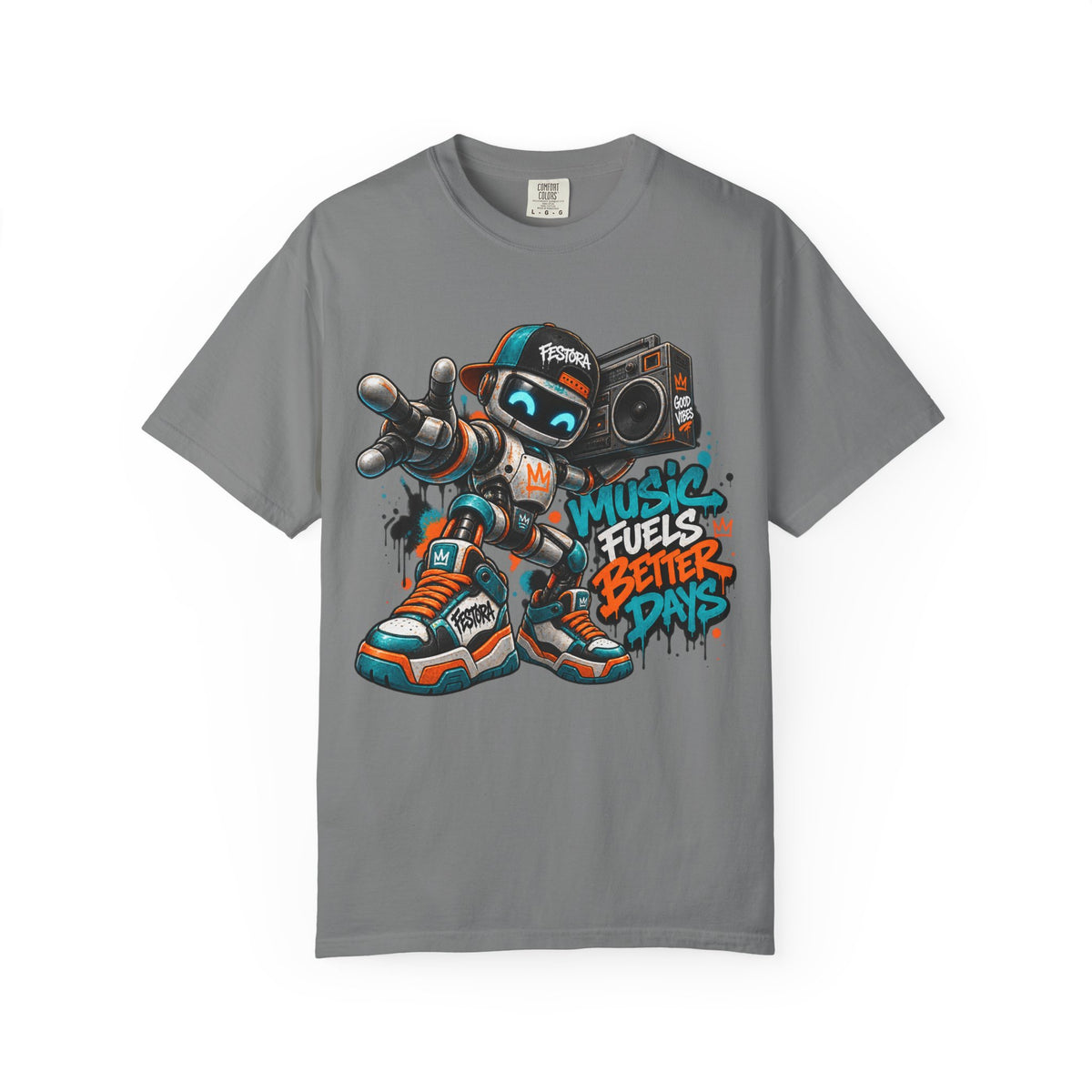 Music Fuels Better Days T-Shirt — Retro Robot Boombox Streetwear